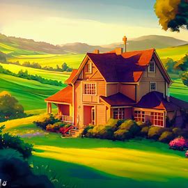 Create a stunning 3D illustration of a warm and inviting farmhouse surrounded by lush green fields and rolling hills.. Image 3 of 4