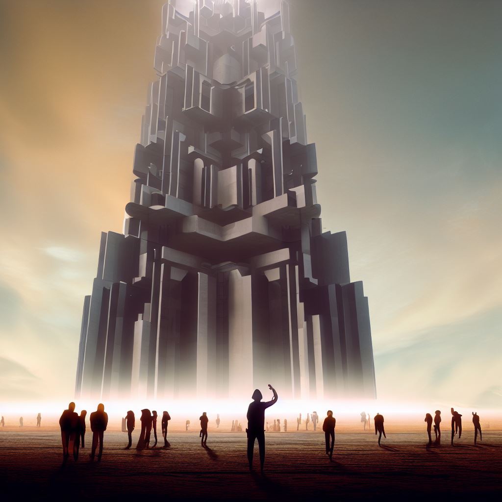 Create an image of a massive structure, such as a towering skyscraper, that dwarf the people around it.