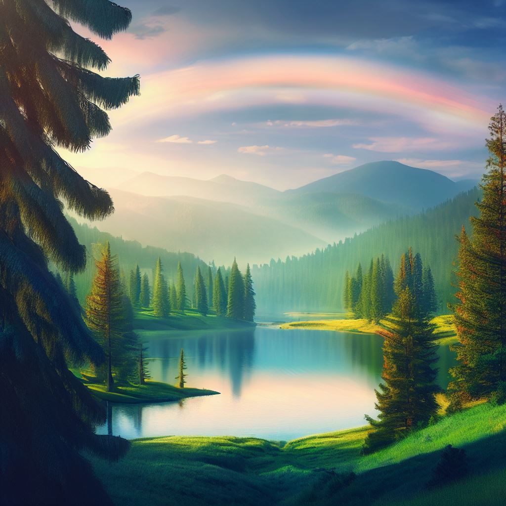 An idyllic mountain lake surrounded by tall pine trees and rolling hills with a tranquil rainbow dancing along the horizon.