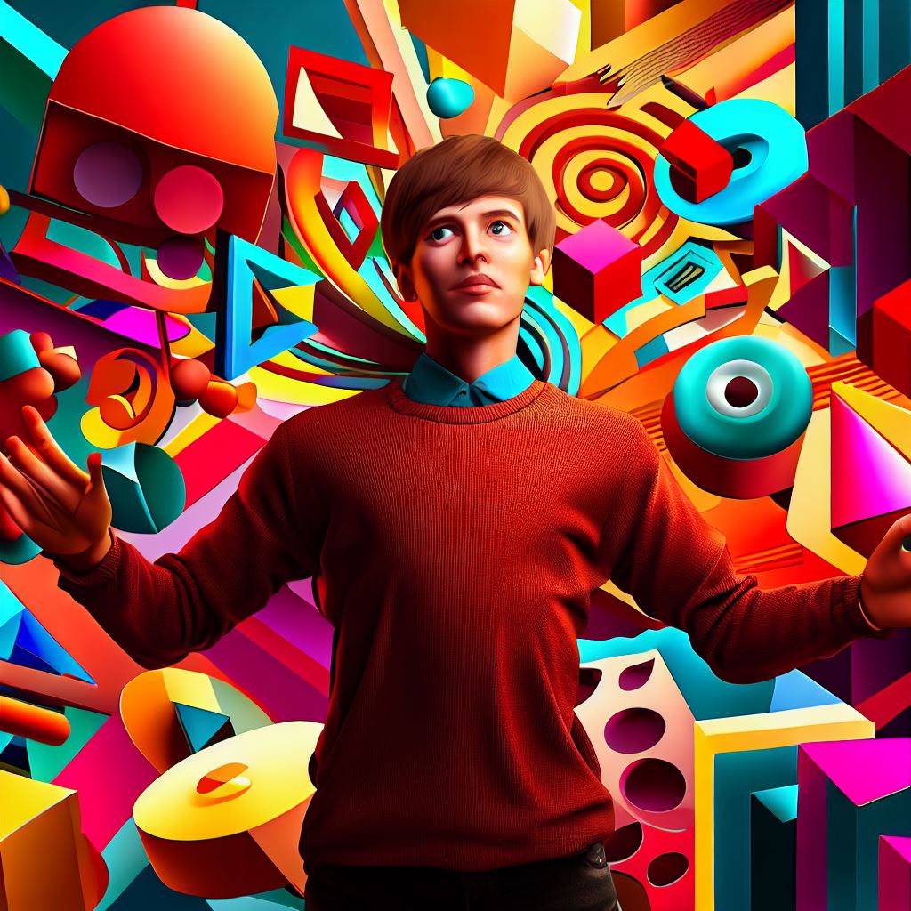 Create an image featuring a graphic designer surrounded by a colorful world of shapes and patterns.