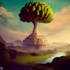 Create a surreal landscape featuring a giant breadfruit tree with a castle on top.