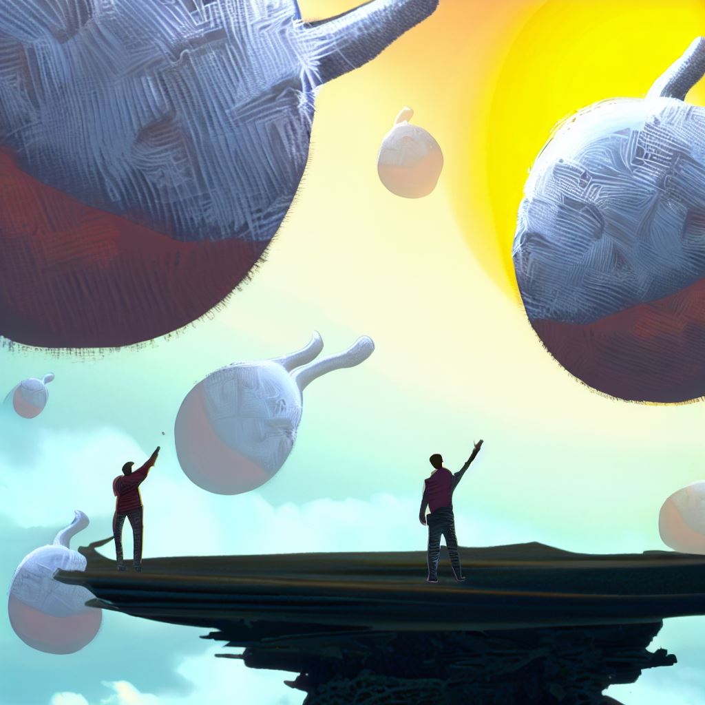 Draw a surreal landscape featuring a game of basketball played between floating islands and a glowing sun.。第 3 个图像，共 4 个图像