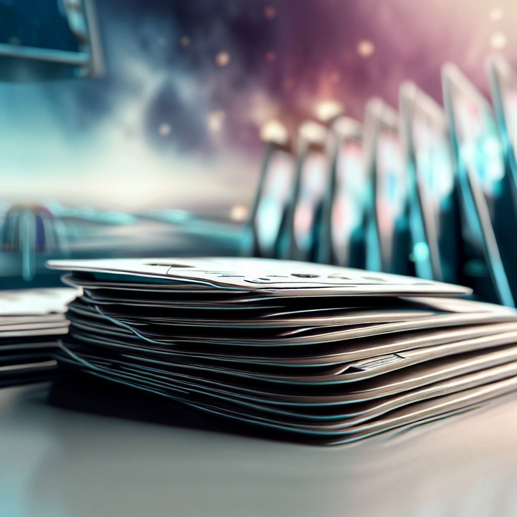 A neatly stacked deck of solitaire cards against a backdrop of an interesting, futuristic cityscape.