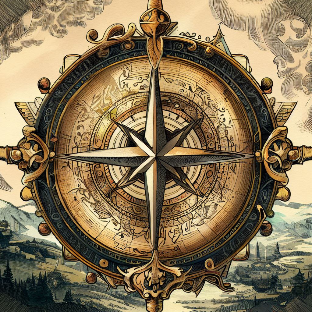 Draw a compass rose in the style of a Renaissance painting, with intricate details, gold accents, and surrounding landscapes.