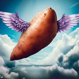 Create an image of a giant sweet potato flying through the sky with wings like a bird.. Image 3 of 4