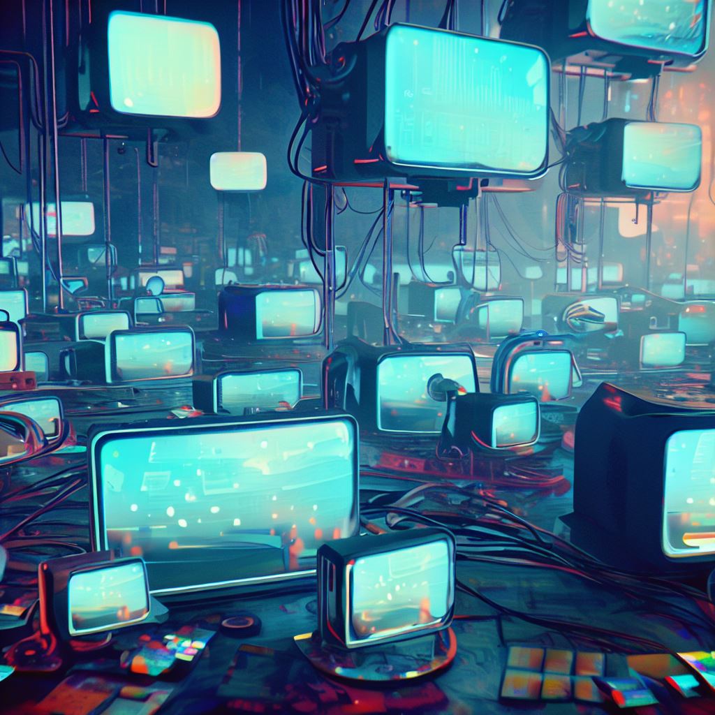 Design a surreal and dreamlike animation of computers that have taken over the world and are controlling everything.