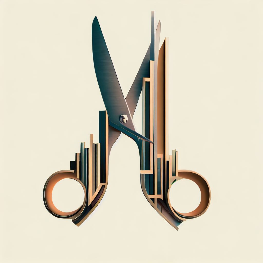 Construct an image of a pair of scissors with architectural elements that makes it look like a piece of modern art.