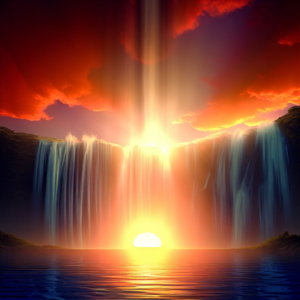 Visualize a dramatic sunset, with a brilliant red and orange sun beaming down behind a heavenly waterfall cascading into a deep, still pool.。第 2 个图像，共 4 个图像