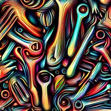 Generate an abstract representation of hand tools in the form of a vibrant and intricate pattern.