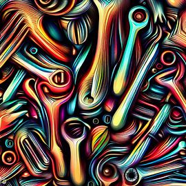 Generate an abstract representation of hand tools in the form of a vibrant and intricate pattern.. Image 1 of 4