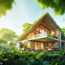 Design a eco-friendly and sustainable home surrounded by nature.
