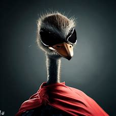 Visualize an ostrich dressed up as a superhero, complete with a cape and mask.