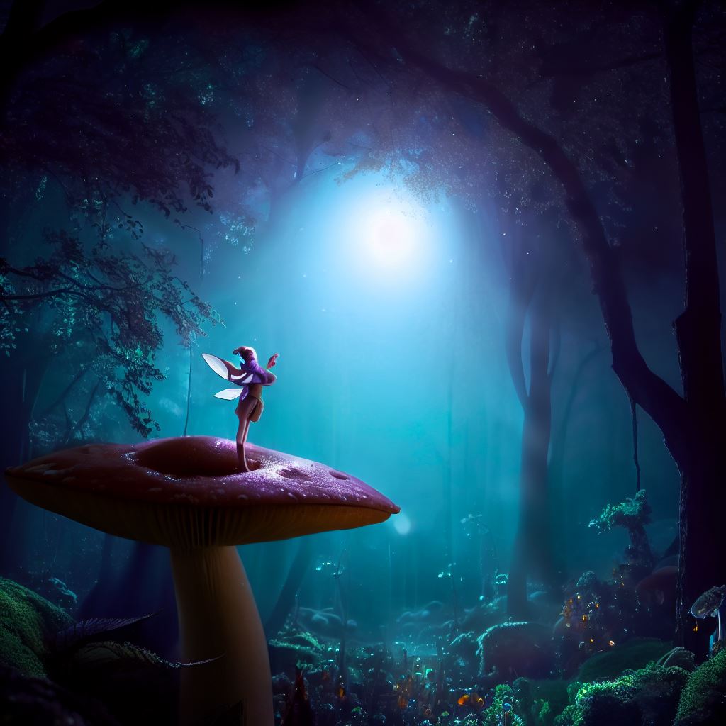 Take a picture of an enchanted forest with a fairy standing on a mushroom under the moonlight.