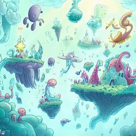 Draw a picture of a magical world filled with floating islands and creatures with different abilities.. Image 4 of 4