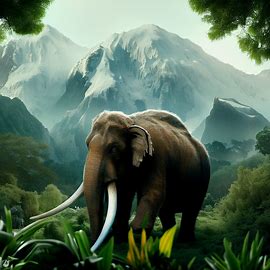 Create an image that shows a mammoth in its natural habitat, surrounded by lush green forests and snow-capped peaks.. Image 1 of 4