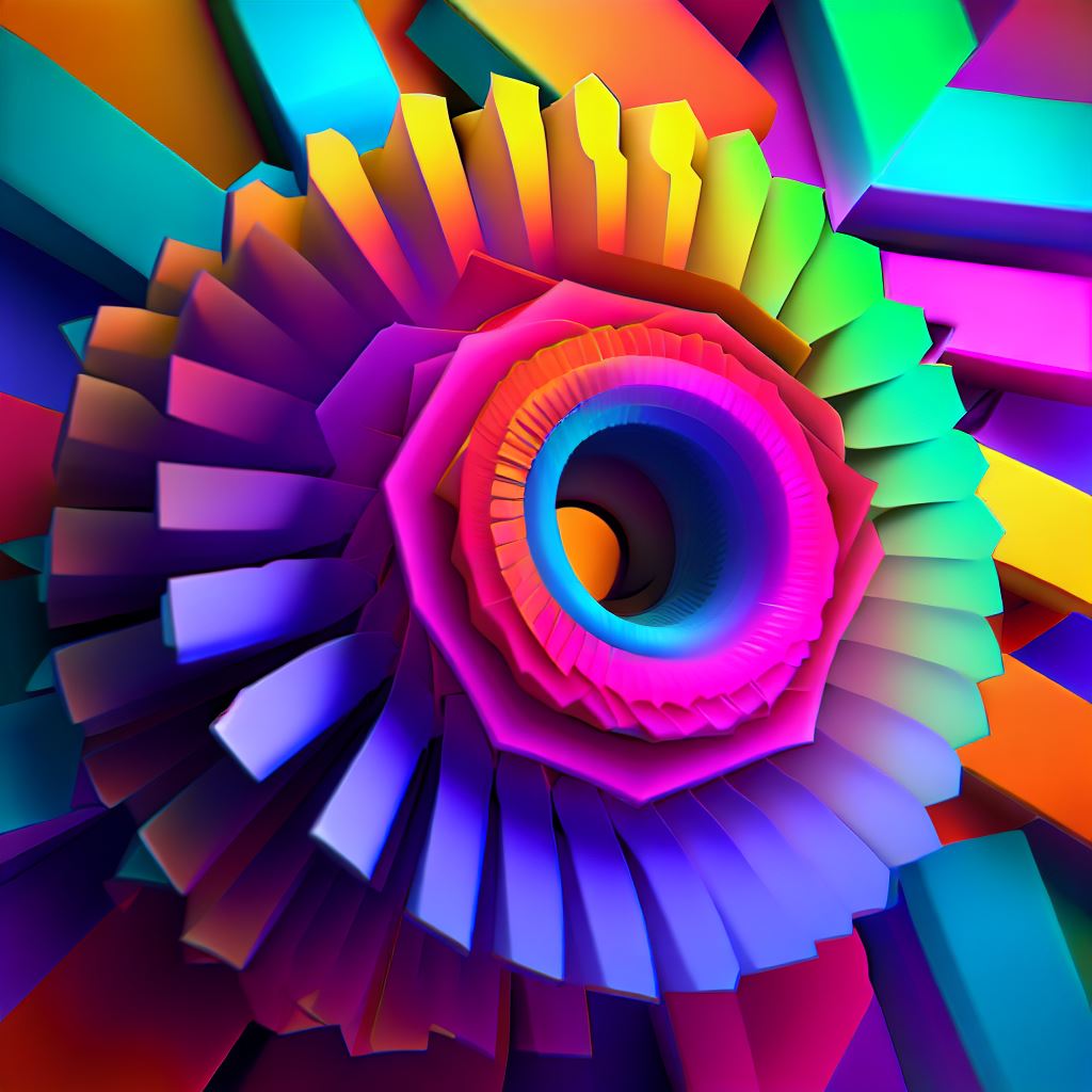 Create a mesmerizing 3D color wheel with vibrant colors and unique geometric shapes.。第 4 个图像，共 4 个图像