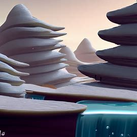 Illustrate a surreal, fantastical landscape filled with towering stacks of silver dollar pancakes shaped like mountains, rivers and waterfalls.. Image 1 of 4