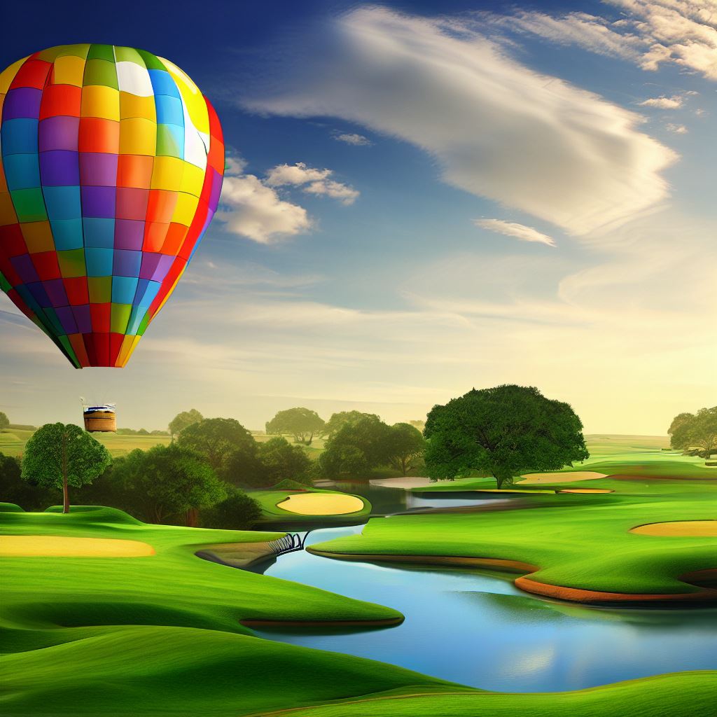 Imagine a colorful hot air balloon floating over a serene golf course dotted with water hazards.。第 3 个图像，共 4 个图像