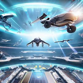 Create an image of a futuristic sports arena filled with high-tech gadgets and sleek design, with flying vehicles soaring above.。第 3 个图像，共 4 个图像