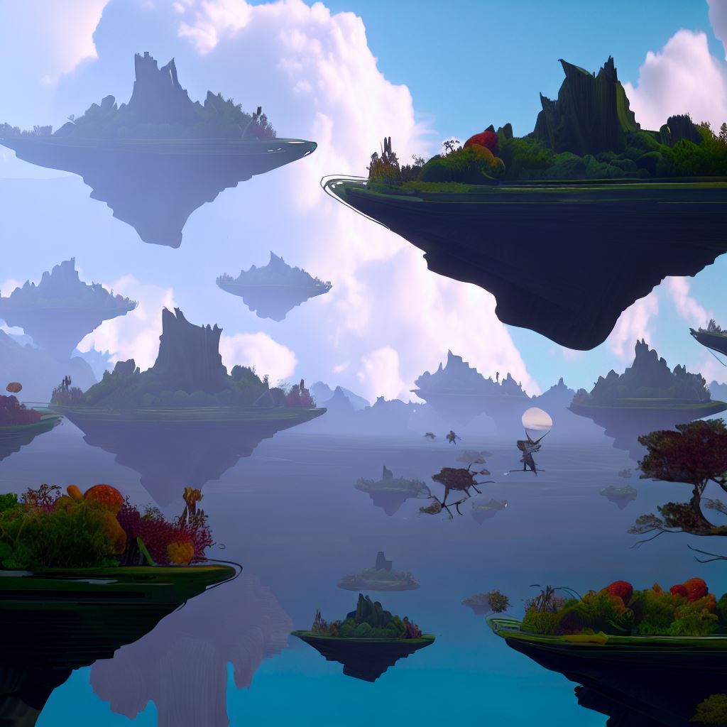 Render a surreal bing wallpaper with floating mountains, clouds, and floating gardens.。第 4 个图像，共 4 个图像