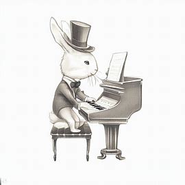 Draw a whimsical illustration of a rabbit, dressed up in a top hat and bow tie, playing the piano.. Image 4 of 4