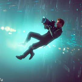 Generate an image of a futuristic photographer floating in mid-air as he captures the perfect shot. Image 2 of 4