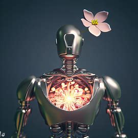 Create a metallic robot with a flower blooming from its chest.. Image 3 of 4