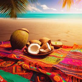 Create an image of an exotic picnic with colorful, patterned blankets set up on a warm beach and surrounded by cracked, juicy coconuts.. Image 4 of 4