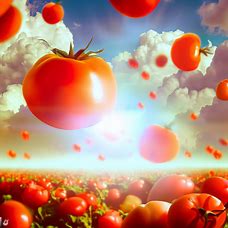Create a surreal and vivid image of a field of ripe and juicy tomatoes floating in the sky, surrounded by clouds and sunlight.