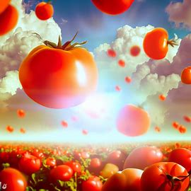 Create a surreal and vivid image of a field of ripe and juicy tomatoes floating in the sky, surrounded by clouds and sunlight.. Image 1 of 4