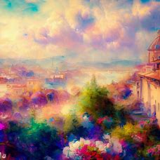 Visualize a dreamlike representation of Florence in the springtime, bursting with lush flora and blooming flowers.