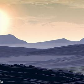 Draw a peaceful and serene landscape with sun setting behind distant mountains.. Image 4 of 4
