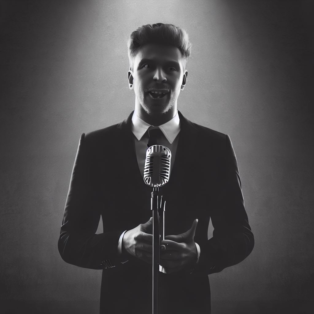 Create an image of a person standing in front of a microphone, ready to give a speech for their introduction.