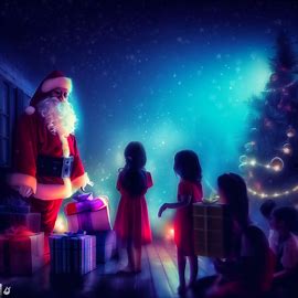Create an image of Santa Claus delivering presents to children on Christmas Eve.. Image 2 of 4
