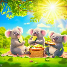 Produce an image of a group of koalas enjoying a picnic at the park on a bright sunny day.. Image 4 of 4