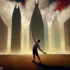 A surrealist painting of a person playing badminton in the middle of a city with towering skyscrapers as the background.. Image 2 of 4