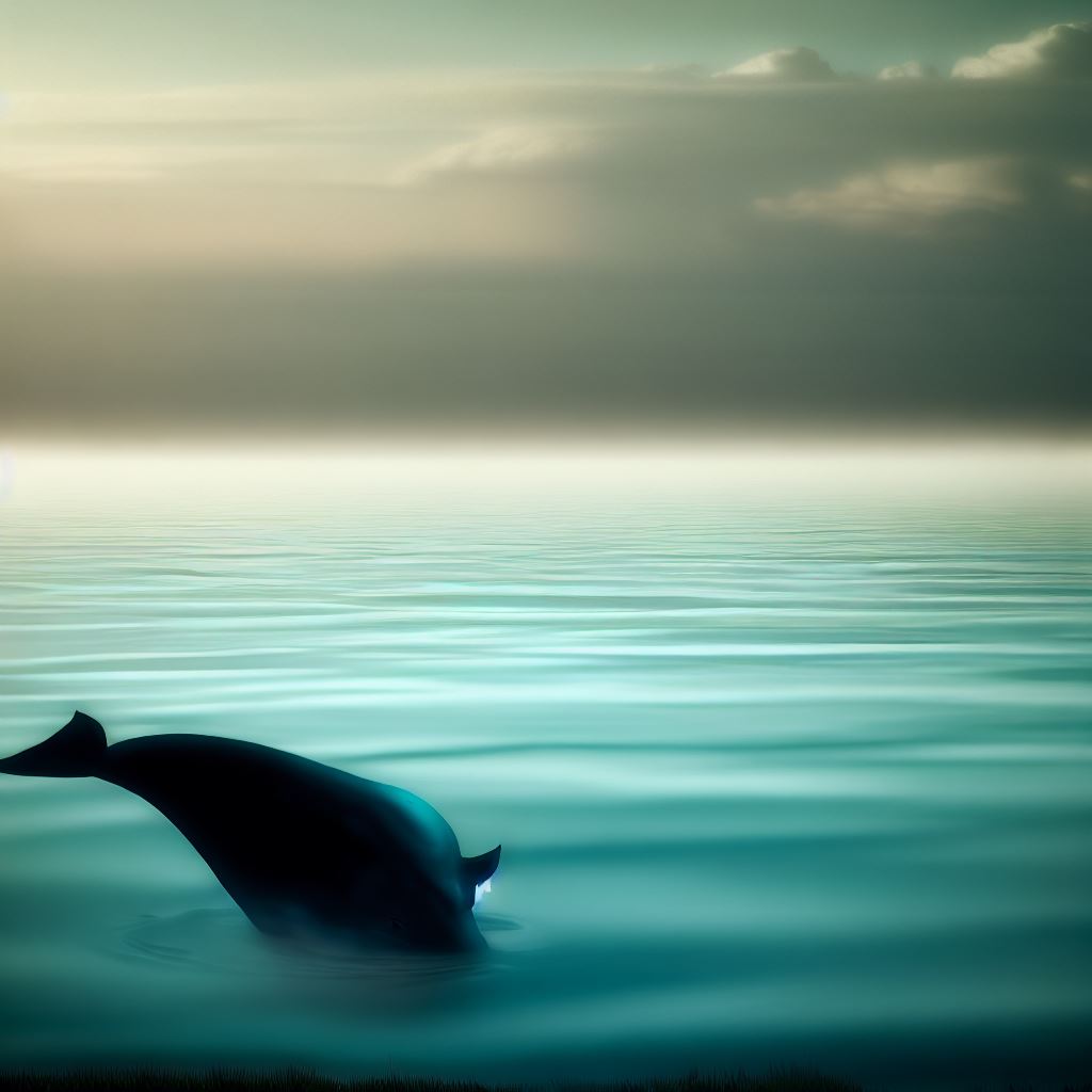 Make an image of a serene ocean with a grazing Whale in the foreground.