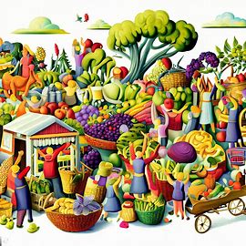 A whimsical representation of a local farmer's market, featuring an array of colorful crops, baskets, and joyful customers. Image 2 of 4