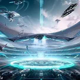 Create an image of a futuristic sports arena filled with high-tech gadgets and sleek design, with flying vehicles soaring above.。第 4 个图像，共 4 个图像
