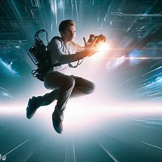 Generate an image of a futuristic photographer floating in mid-air as he captures the perfect shot