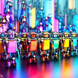 A colorful parade of robots marching through a futuristic cityscape. Image 3 of 4