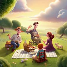 Create a whimsical and joyful scene of a family having a picnic in the countryside.
