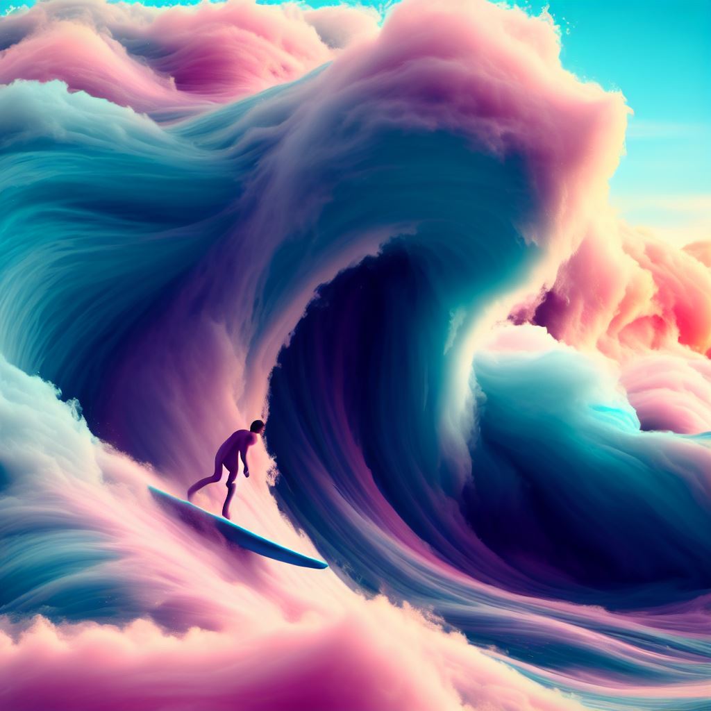Create an image of a surfer riding on a giant wave of cotton candy.