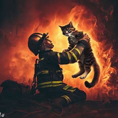 Create an image of a firefighter saving a cat from a burning building.