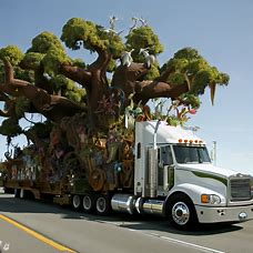 A truck designed specifically to transport a giant, magical tree across the country, with whimsical creatures and flora sprouting from its branches.
