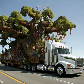 A truck designed specifically to transport a giant, magical tree across the country, with whimsical creatures and flora sprouting from its branches.. Image 1 of 4