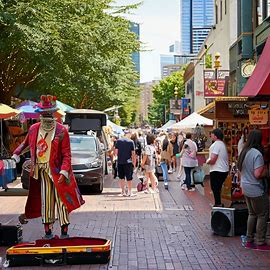 Depict the bustling streets of Seattle, filled with eclectic and eccentric street performers, artists, and vendors.. Image 3 of 4