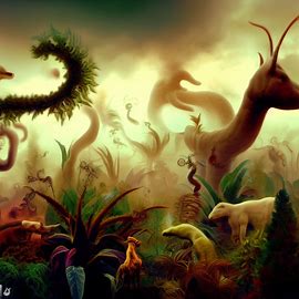 Create an image of a surreal landscape where plants and animals have evolved with genes from different species to form new and unusual creatures. Image 2 of 4