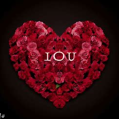 Generate an image of a heart made out of roses with the text ‘I love you’ in the foreground.