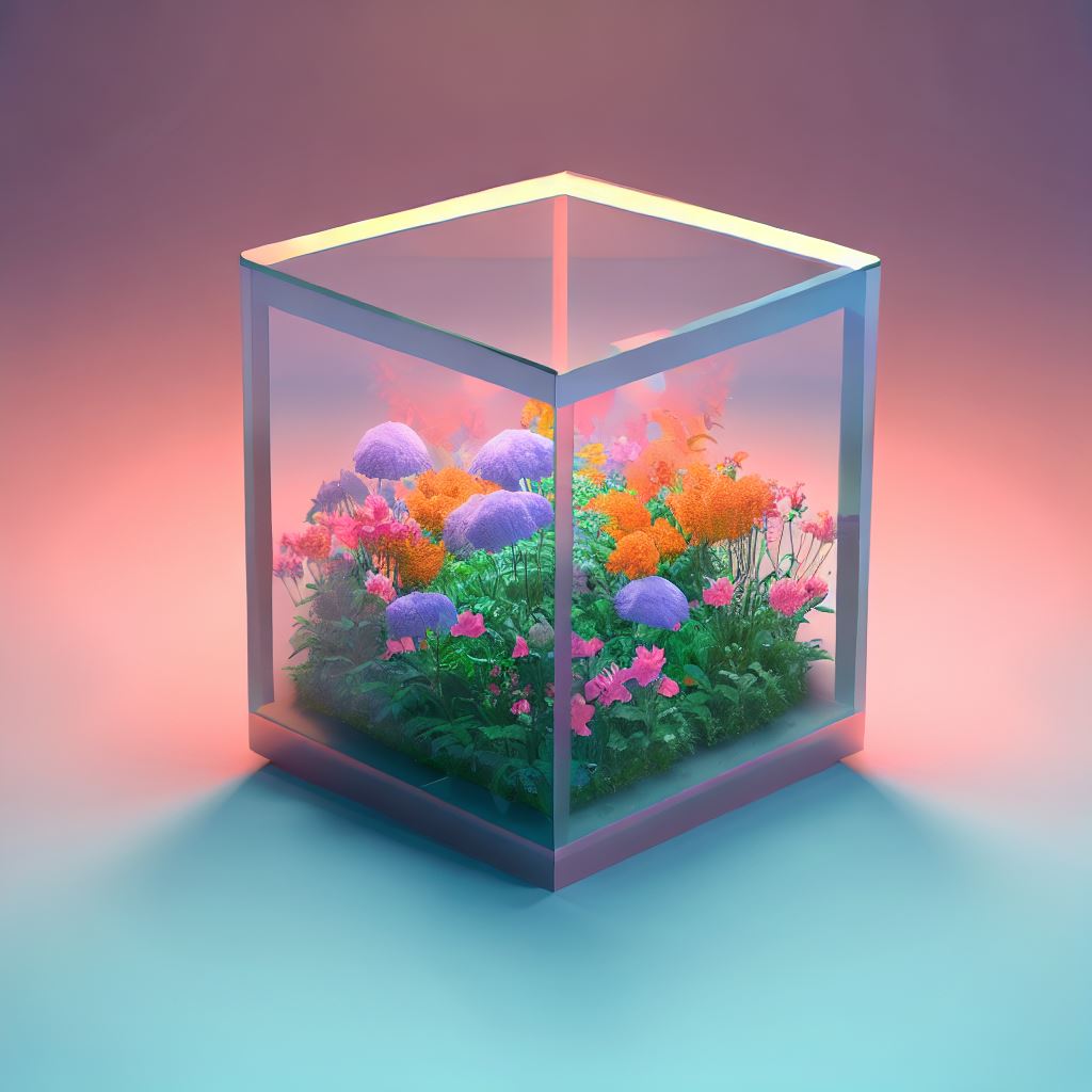 Combine a rectangular prism with a flower garden in an imaginative new way.。第 2 个图像，共 4 个图像